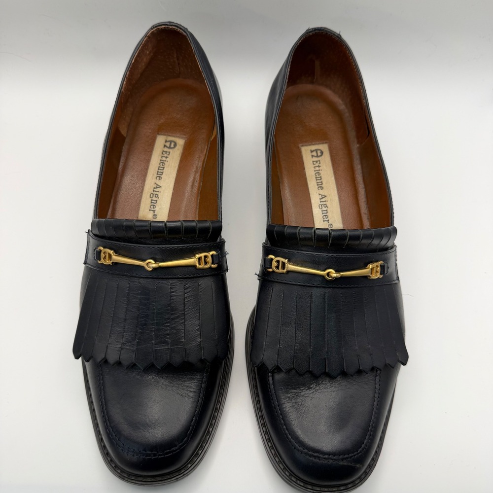 Etienne Aigner Emory Black Leather Kiltie Horsebit Loafers 7.5M